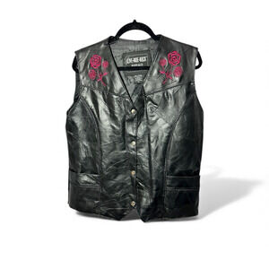 Live Ride Rock Women's Black Buffalo Leather Patchwork Rose Vest Size X-Large